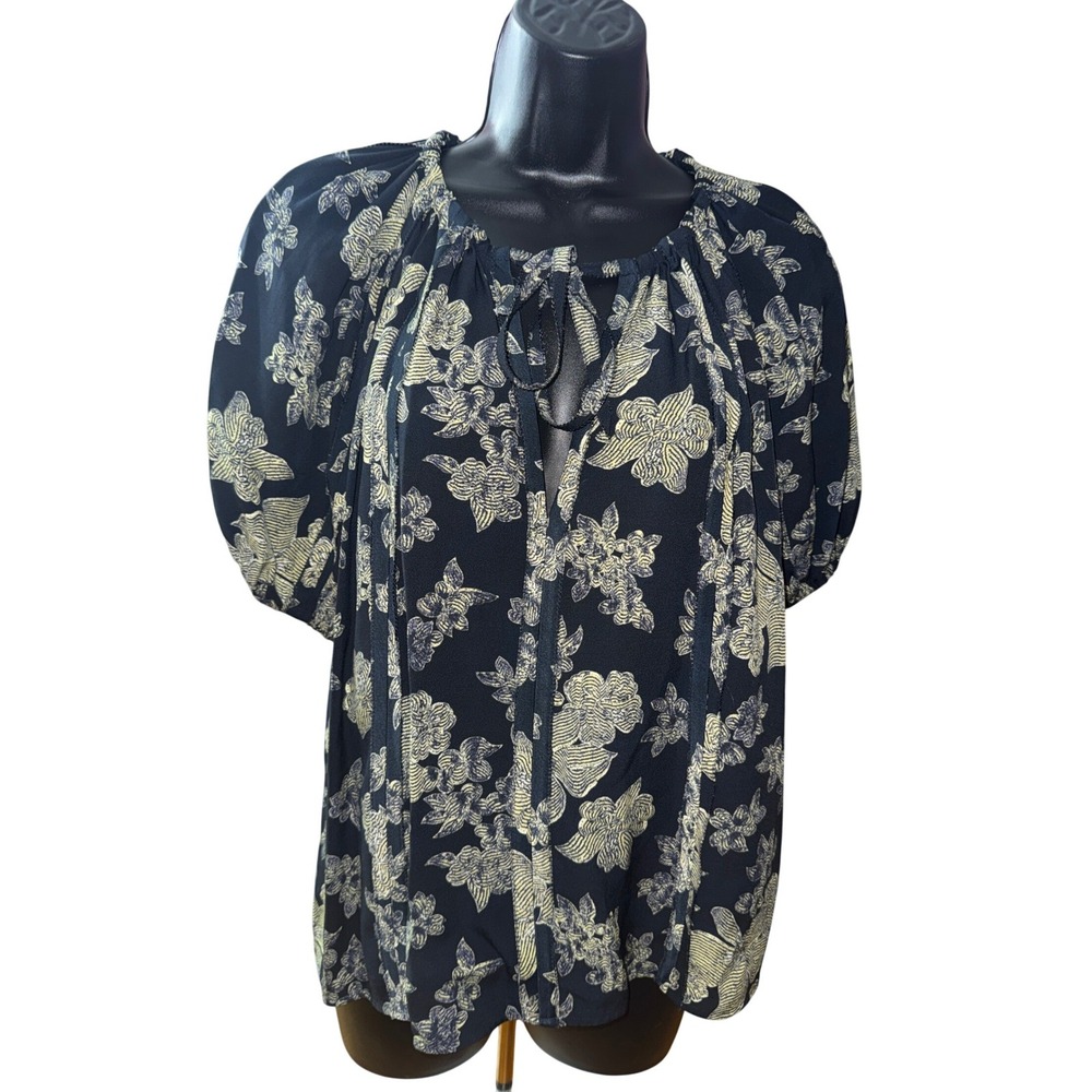 Ulla Johnson Marcelena Navy Floral Puff Sleeve Tie Neck Blouse Top Size 4 Boho